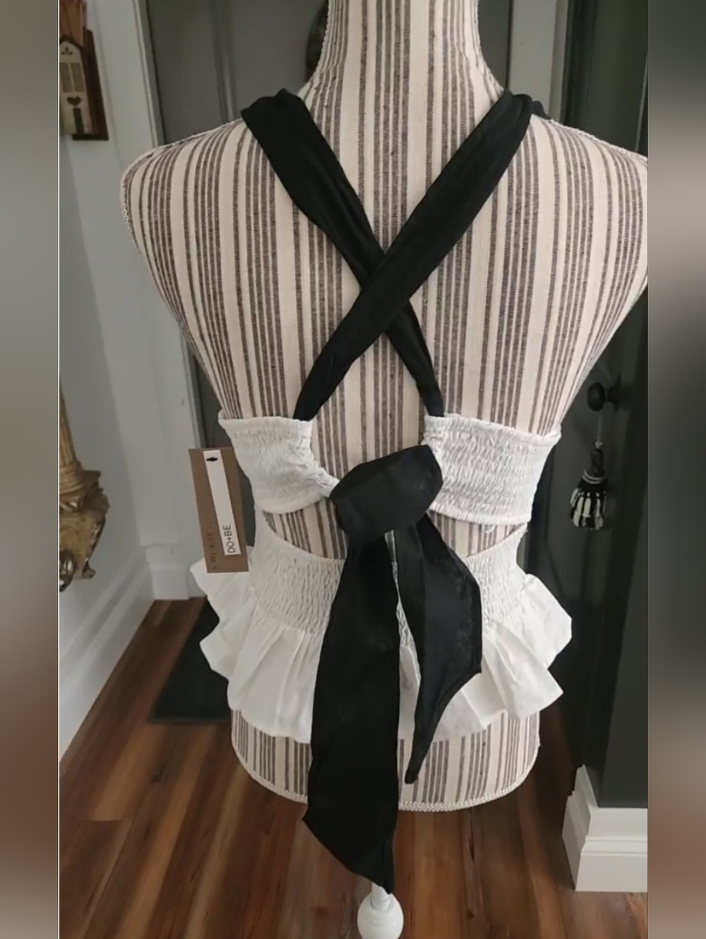 DO+BE White & Black Smocked Peplum Halter Tank Top
